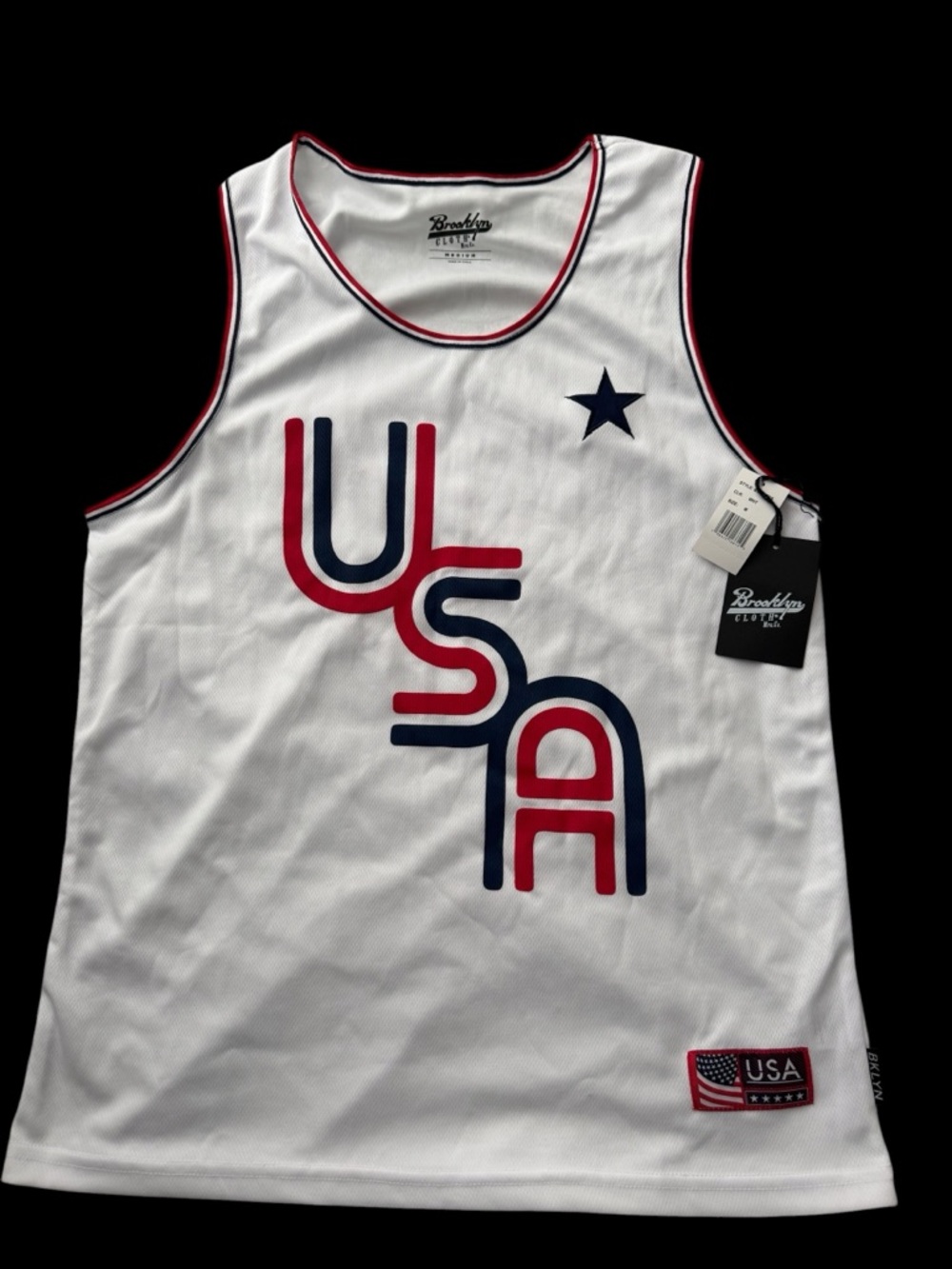 New men’s Brooklyn Cloth White USA Graphic Tank Top with Red & Navy medium